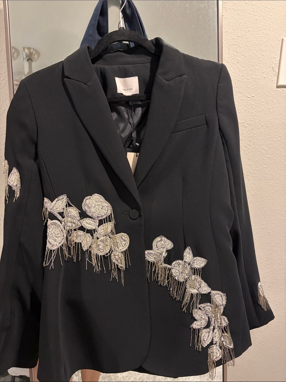 cinq a sept beautiful Black Blazer with Silver Embroidered Fringe and beading.